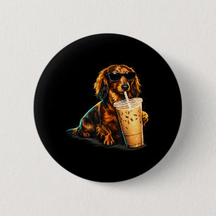 Funny Dachshund Drinking Iced Coffee Lover Humour 6 Cm Round Badge