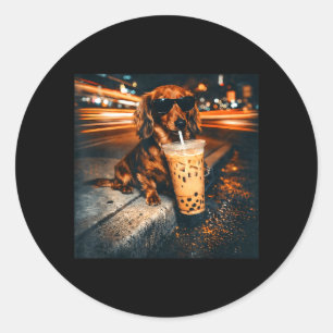 Funny Dachshund Drinking Iced Coffee Lover Humour Classic Round Sticker