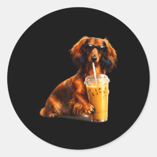 Funny dachshund drinking iced coffee lover humour classic round sticker