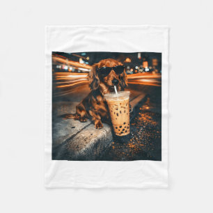 Funny Dachshund Drinking Iced Coffee Lover Humour Fleece Blanket