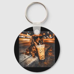 Funny dachshund drinking iced coffee lover humour key ring