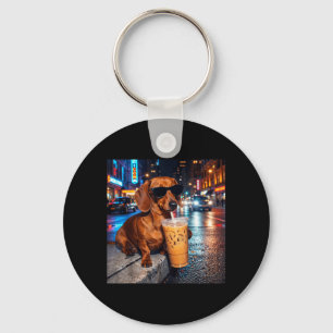 Funny Dachshund Drinking Iced Coffee Lover Humour Key Ring