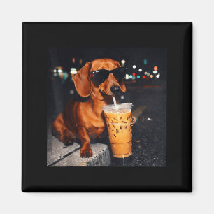 Funny dachshund drinking iced coffee lover humour  magnet