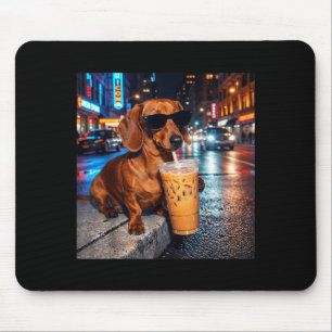 Funny Dachshund Drinking Iced Coffee Lover Humour Mouse Pad