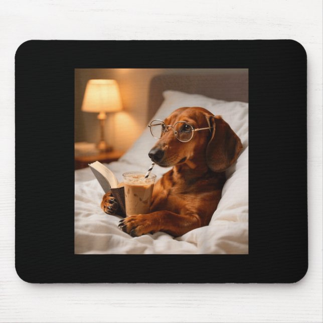 Funny dachshund drinking iced coffee lover humour  mouse pad (Front)