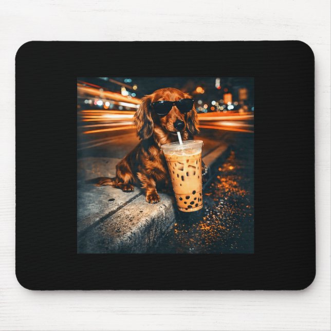 Funny Dachshund Drinking Iced Coffee Lover Humour Mouse Pad (Front)