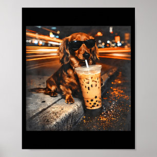 Funny dachshund drinking iced coffee lover humour poster
