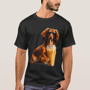 Funny Dachshund Drinking Iced Coffee Lover Humour T-Shirt