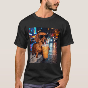 Funny Dachshund Drinking Iced Coffee Lover Humour T-Shirt