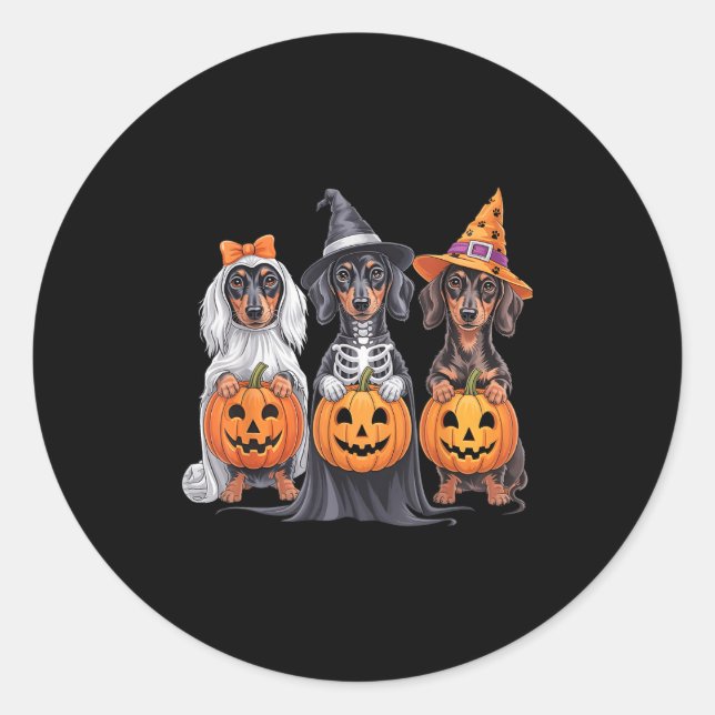 Funny Dachshund Halloween Pumpkin Weenie Dog Skele Classic Round Sticker (Front)
