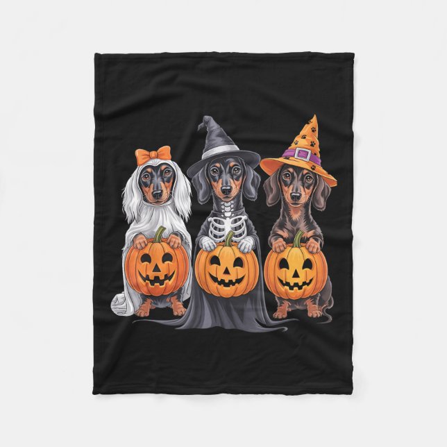 Funny Dachshund Halloween Pumpkin Weenie Dog Skele Fleece Blanket (Front)