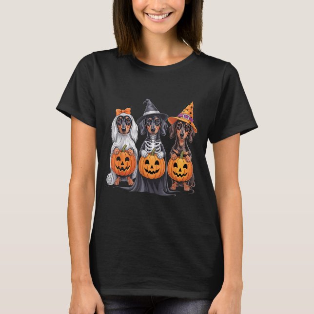 Funny Dachshund Halloween Pumpkin Weenie Dog Skele T-Shirt (Front)