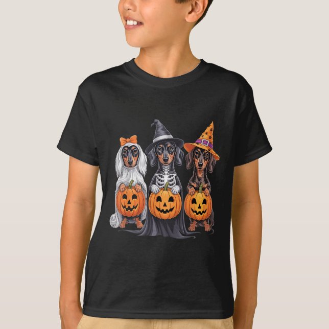 Funny Dachshund Halloween Pumpkin Weenie Dog Skele T-Shirt (Front)