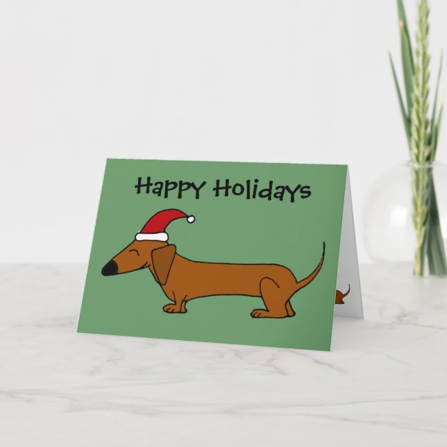 Funny Dachshund in Santa Hat Christmas Cartoon Holiday Card (Front)