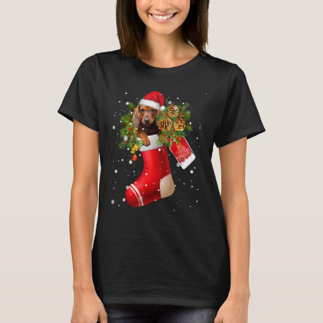 Funny Dachshund In Sock Christmas Santa Hat Xmas D T-Shirt (Front)