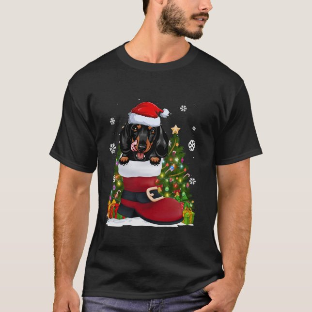 Funny Dachshund in the Shoe Santa Hat Ugly Christm T-Shirt (Front)