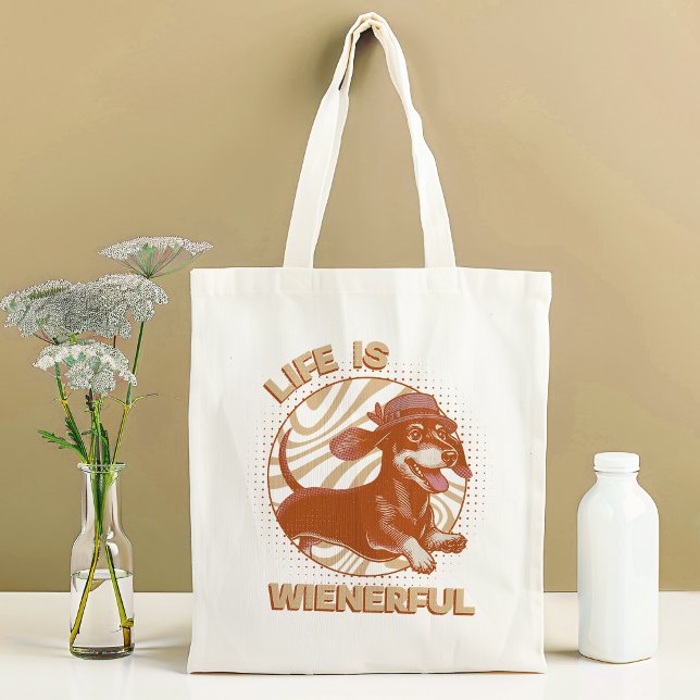 Funny Dachshund "Life is Wienerful" Terracotta Tote Bag (This fun and quirky design features an adorable dachshund, complete with a cute fedora hat!)