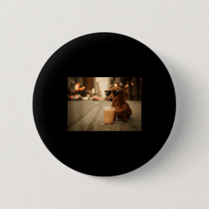 Funny dachshund lover drinking iced coffee humor 6 cm round badge