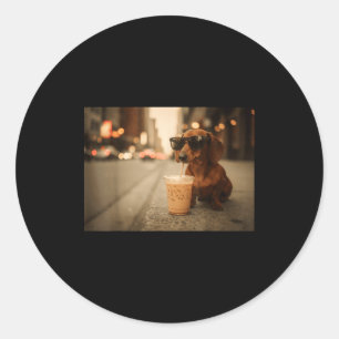 Funny dachshund lover drinking iced coffee humor classic round sticker