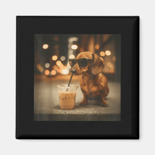 Funny dachshund lover drinking iced coffee humour magnet