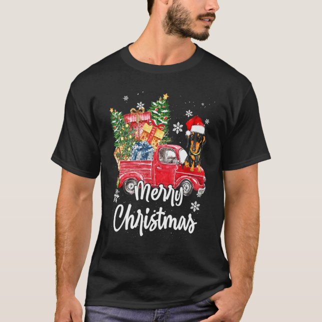 Funny Dachshund Ride Red Truck Merry Christmas Paj T-Shirt (Front)