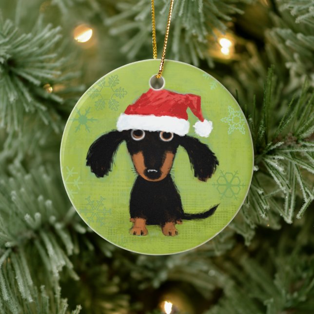 Funny Dachshund Santa Clause Wiener Dog Christmas Ceramic Ornament (Tree)