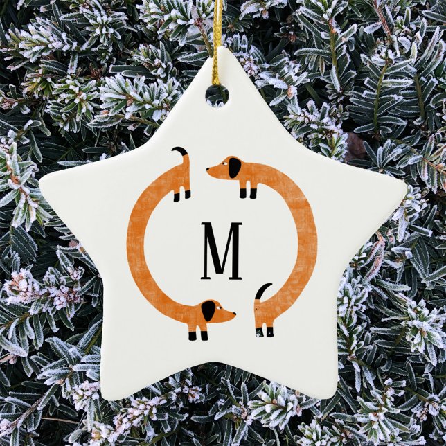 Funny Dachshund Sausage Dog Monogram Ceramic Ornam Ceramic Ornament (Fun Dachshund Wiener Sausage dog personalized monogram initial ceramic ornament)