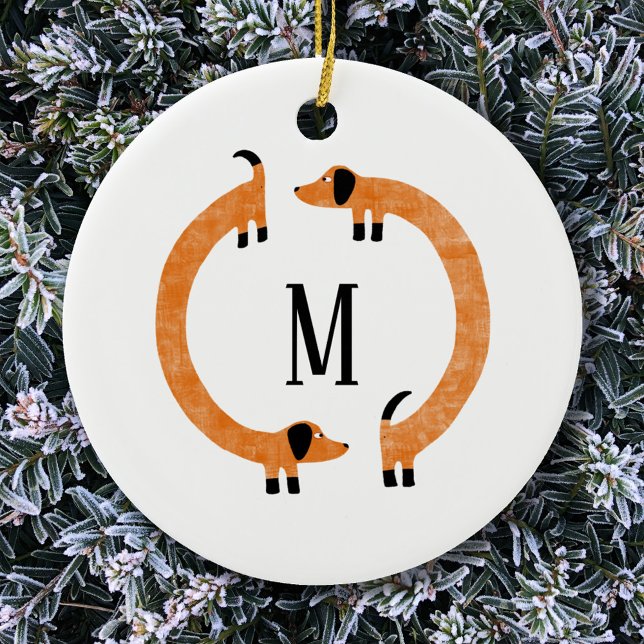 Funny Dachshund Sausage Dog Monogram Ceramic Ornament (Dachshund Wiener Sausage Dog monogram initial fun ceramic ornament)