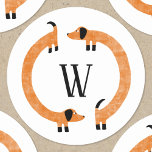 Funny Dachshund Sausage Dog Monogram Classic Round Sticker<br><div class="desc">Cute and funny dachshund,  sausage dogs or wiener dogs in perpetual motion.
Customise by changing or removing the initial.</div>