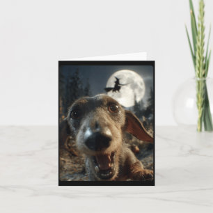 Funny Dachshund Selfie Full Moon Flying Witch Card