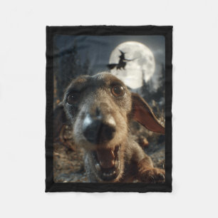 Funny Dachshund Selfie Full Moon Flying Witch Fleece Blanket