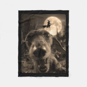 Funny Dachshund Selfie Full Moon Flying Witch Fleece Blanket