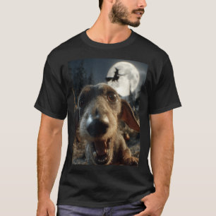 Funny Dachshund Selfie Full Moon Flying Witch T-Shirt