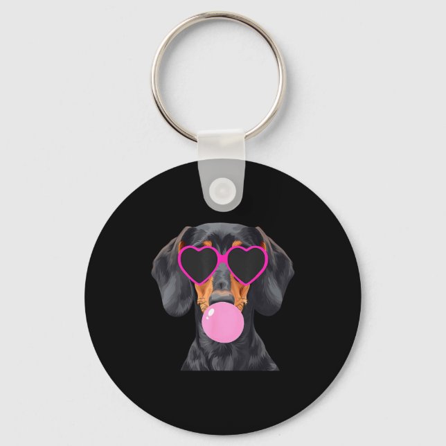Funny Dachshund Wearing Gles And Blowing Nk Bubble Key Ring (Front)