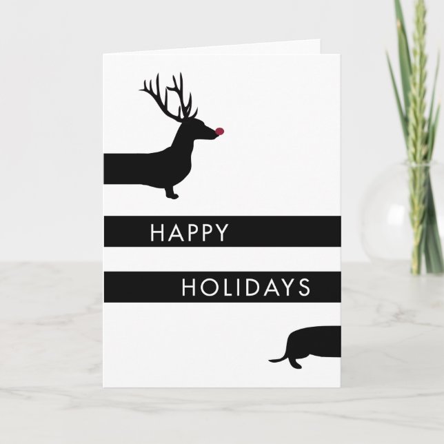 Funny Dachshund with antlers Happy Holidays Holiday Card (Front)