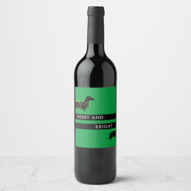 Funny Dachshund with Christmas lights Holiday Wine Label (Front)