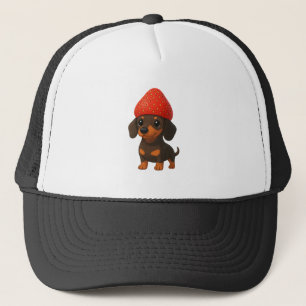 Funny dachshund with strawberries and hat fruity