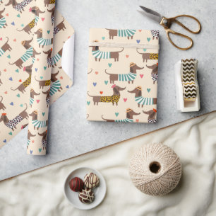 Funny Dachshunds in Hats and Sweaters Wrapping Paper