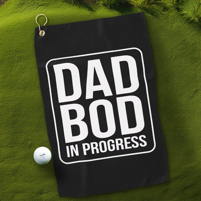 Funny Dad Bod in Progress Humour Fathers Day Black Golf Towel (Funny Golf Towel for Dad)