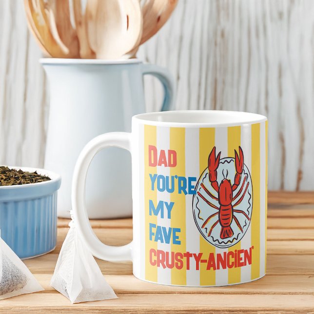 Funny Dad Lobster Crustacean Amalfi Yellow Stripe Coffee Mug (Funny dad joke coffee mug for father's day or just because)