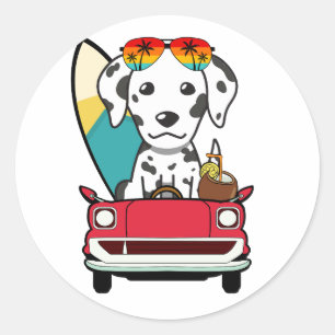 Funny Dalmatian Dog is driving to the beach Classic Round Sticker