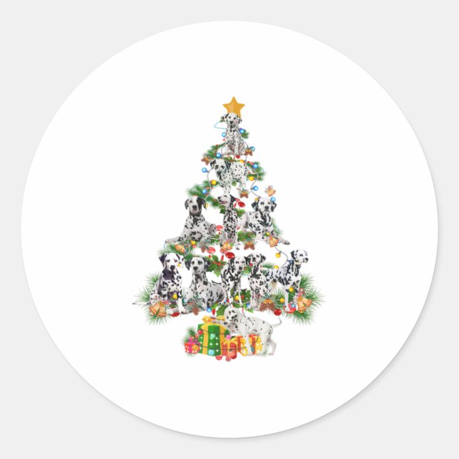 Funny Dalmatian Dog Merry Christmas Tre Classic Round Sticker (Front)