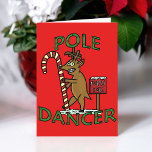 Funny Dancer Christmas Reindeer Pun Holiday Card<br><div class="desc">One of Santa Claus's reindeer - Dancer - is grinning and dancing around a candy cane at the North Pole. This is the perfect humourous greeting card if you're looking for a funny, cheesy cartoon pun for Christmas / the holiday season. Red background colour and inside text are customisable. Image...</div>