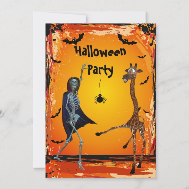 Funny Dancing Giraffe & Skeleton Halloween Party Invitation (Front)