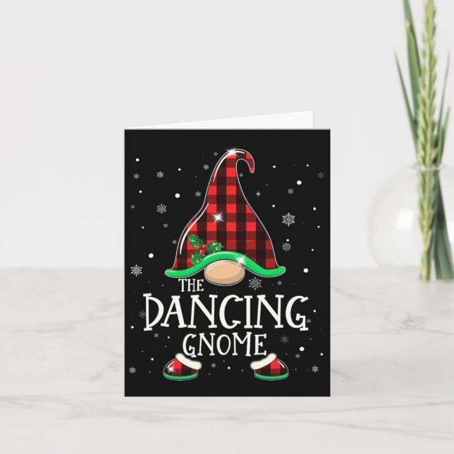 Funny Dancing Gnome Buffalo Plaid Matching Christm Card (Front)