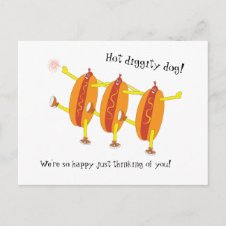 Funny dancing hot dogs celebrate love. postcard