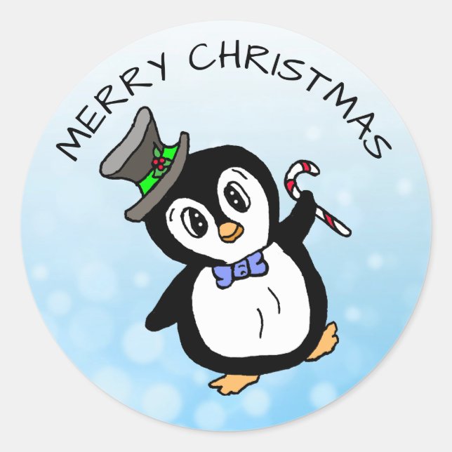 Funny Dancing Penguin with Candy Cane Christmas Classic Round Sticker (Front)