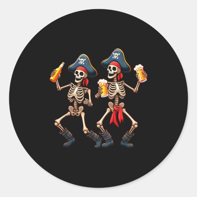 Funny Dancing Rate Skeletons Beer Drinking Hallowe Classic Round Sticker (Front)
