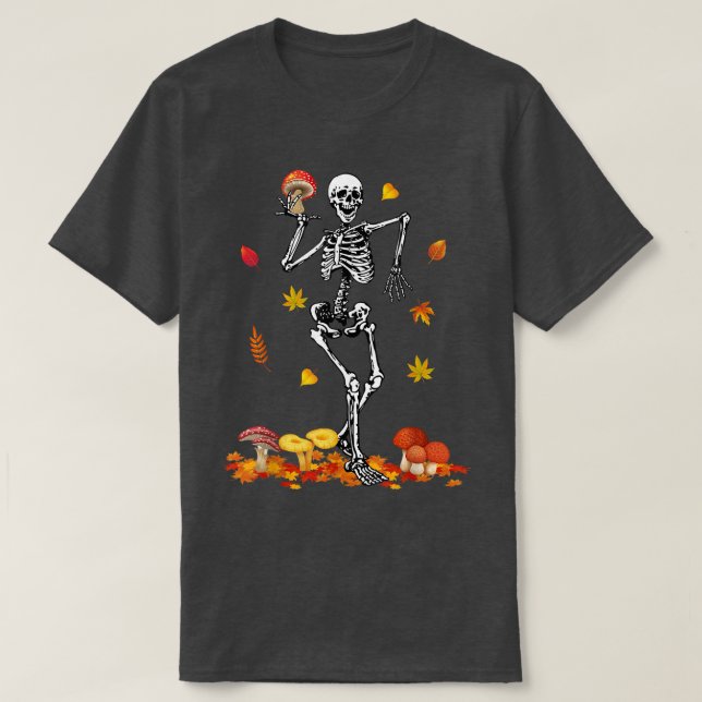 Funny Dancing Skeleton Mushroom Fall Leaves Hallow T-Shirt (Design Front)