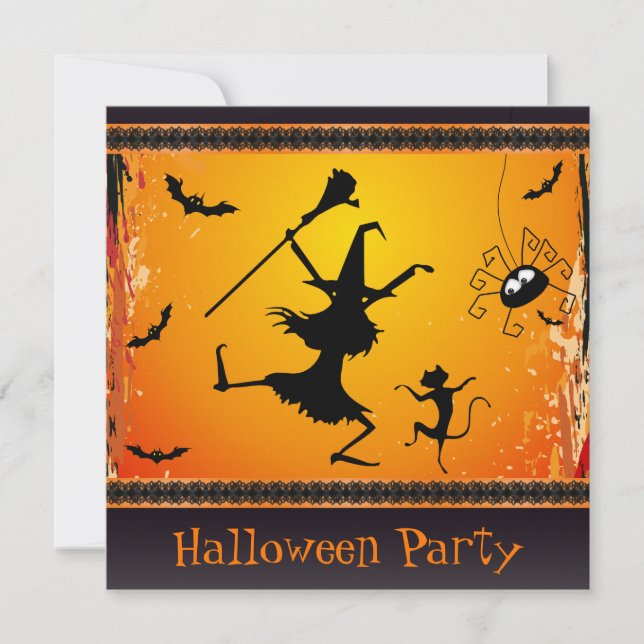 Funny Dancing Witch and Cat Halloween Party Invitation (Front)